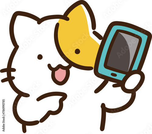 スマートフォンを指差すかわいいねこのキャラクターのデフォルメイラスト