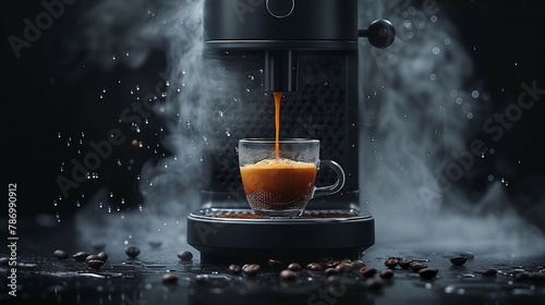 A black coffee machine brewing a rich espresso. AI generate illustration photo