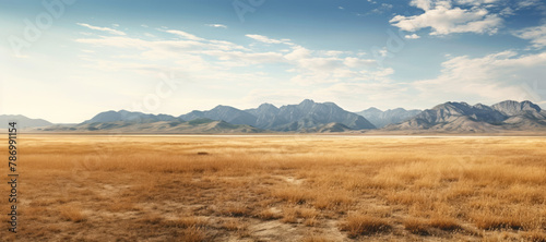 Scenic prairie landscape with majestic mountains in the distance, under a vast blue sky.