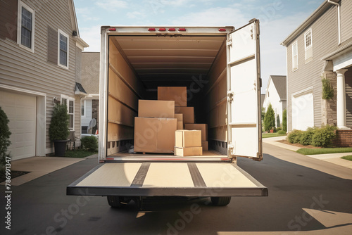 A delivery truck is parked outside a house, ready to transport packages for relocation, showcasing the efficiency of shipping services in the transportation industry.