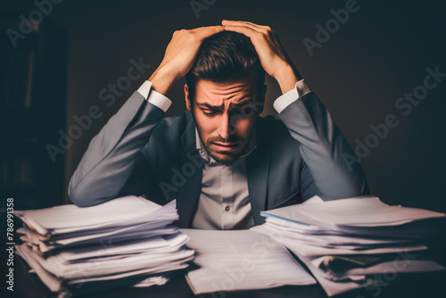 Overworked businessman: A tired man at his desk faces the pressure of an overwhelming workload.