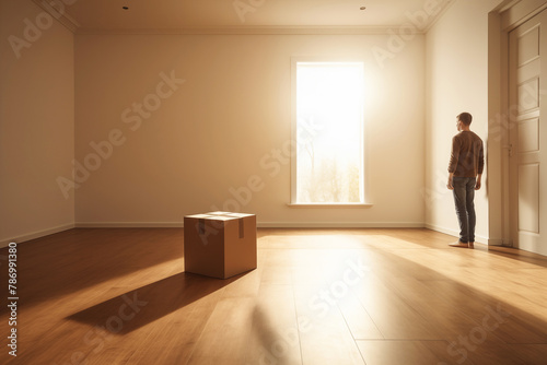 A person stands in an empty room with cardboard box, signaling the sadness and emptiness that often accompanies relocation and moving out of a living space.