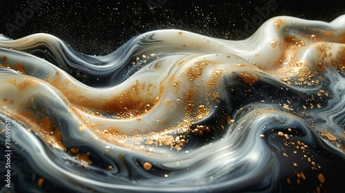 Abstract pattern created by spilled coffee on a black countertop. AI generate illustration photo