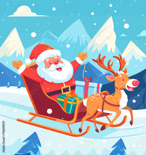 a santa claus riding in a sleigh pulled by a reindeer