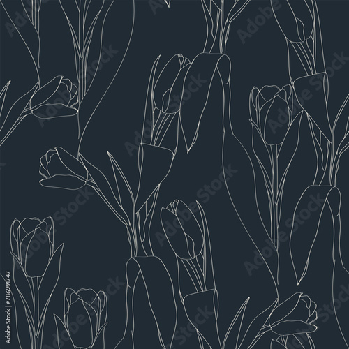 Nature seamless pattern. Hand drawn tulips background: olive green flowers, line art. 