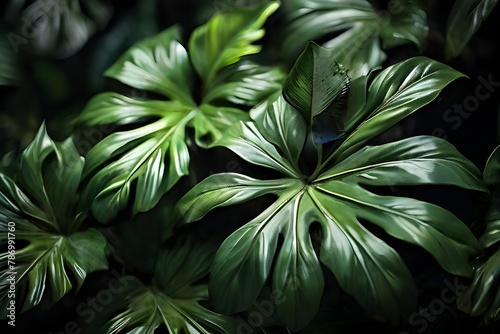 closeup tropical green leaves texture and dark tone process, abstract nature pattern background Generative AI