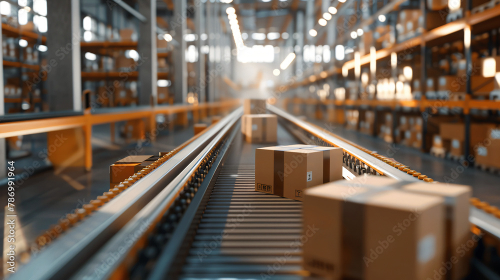 Conveyor belt in a distribution warehouse with row of cartons 