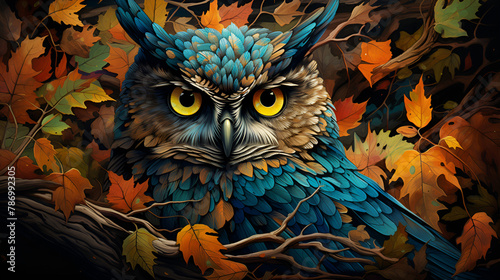 the owl is in the middle of the forest