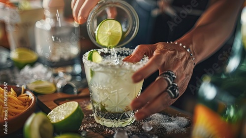 hands mixing margaritas with fresh lime and tequila for Cinco de Mayo celebrations