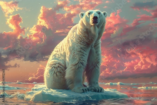 A polar bear, a carnivorous terrestrial animal, sits on an ice floe in the water © RichWolf