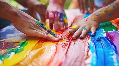 hands painting rainbow colors on a canvas for a Pride Month art project