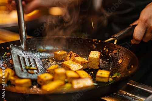 Generative AI Image of Chef Cooking Sauteed Tofu with Frying Pan in Restaurant Kitchen