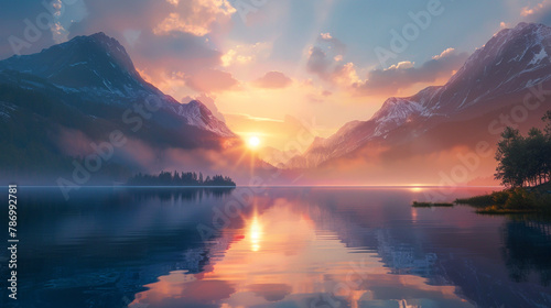 Glowing sunrise casting a warm glow over a calm lake nestled in the mountains