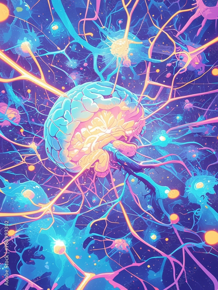 Fototapeta premium A digital depicting the intricate network of neurons within the human brain, highlighted in neon colors