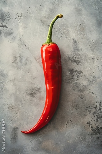 A glossy red chili pepper, stem attached, casting a slight shadow, on white