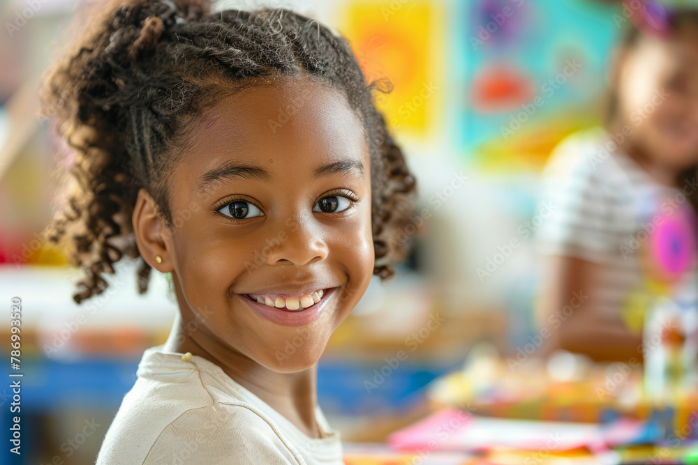 A young Afro-American girl smiles at the camera, immersed in an art and creativity class, showcasing her joy in learning and expression. A young Afro-American girl smiles at the camera, immersed in an art and creativity class, showcasing her joy in learning and expression.