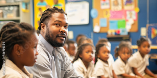 An Afro-American male teacher mentors primary school children in a class  fostering a nurturing learning environment.