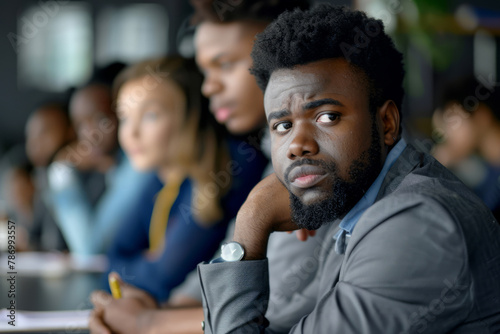 An Afro-American businessman attentively listens to a discussion amidst a corporate meeting.