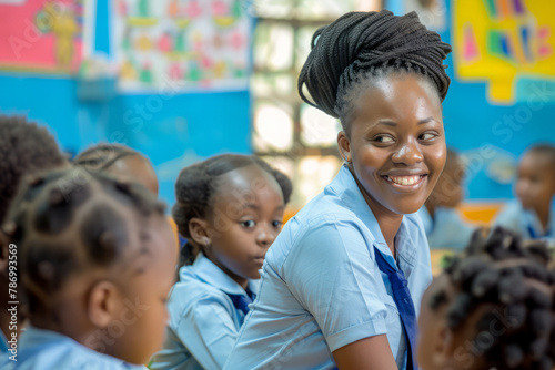 An Afro-American female teacher mentors primary school children in a class, inspiring learning and curiosity.