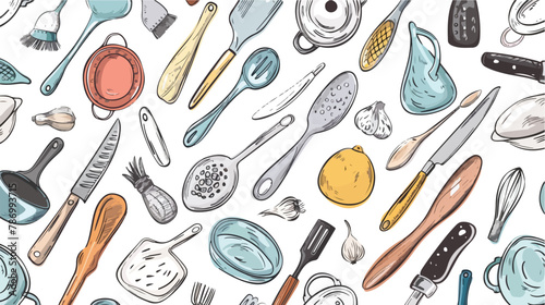 Hand drawn kitchen utensils. Colored graphic vector se