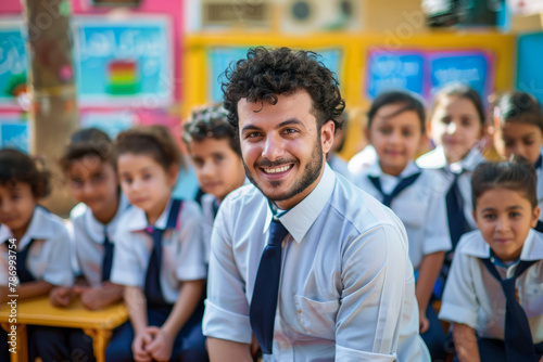 An Arab male teacher guides primary school children in a class, offering mentorship and encouragement.