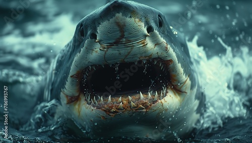 A Lamniformes shark swims in the ocean, showcasing its fangs and fluid motion photo