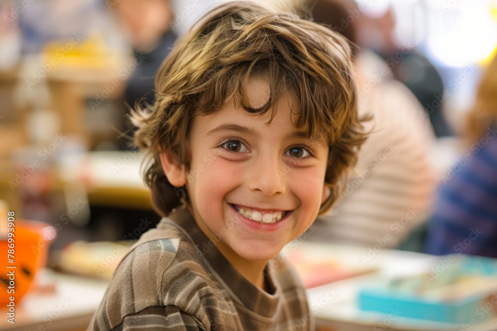 An enthusiastic Spanish boy smiles brightly in an art and creativity class, his passion for art evident in his cheerful expression. An enthusiastic Spanish boy smiles brightly in an art and creativity class, his passion for art evident in his cheerful expression.