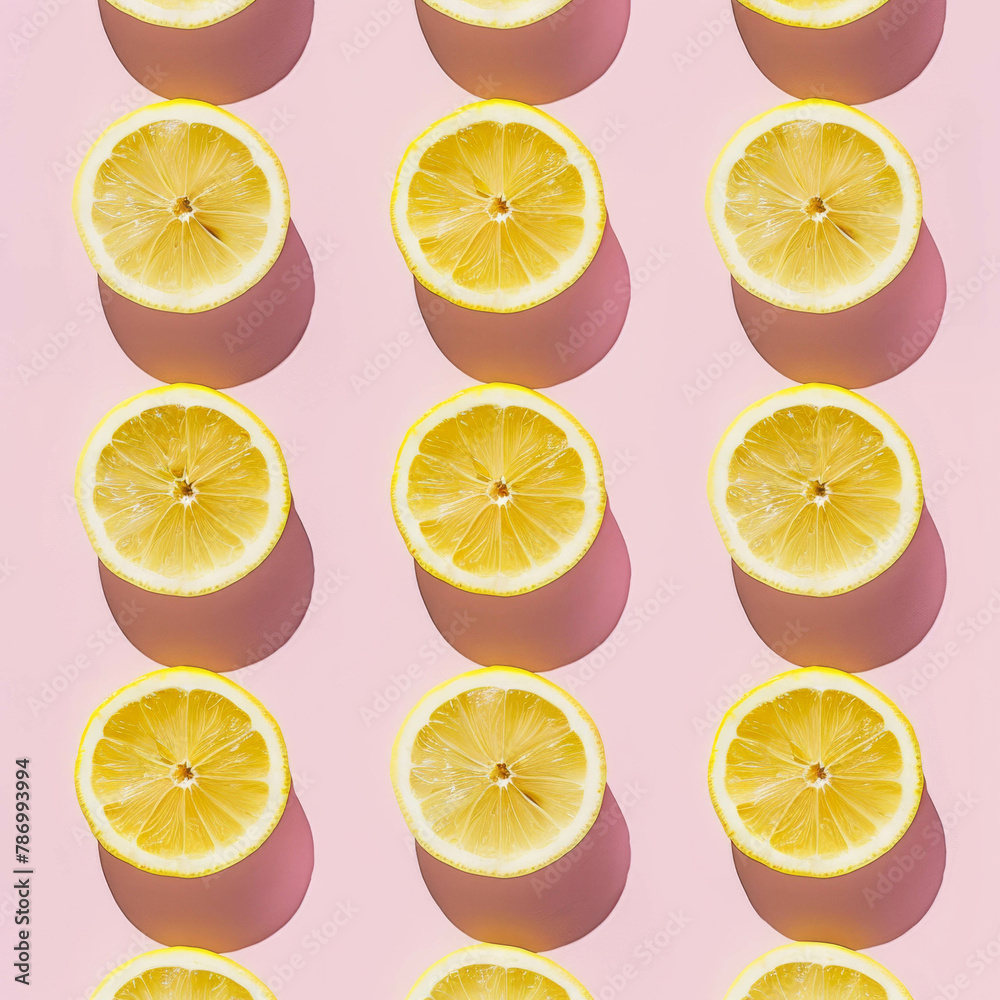 Minimalist lemon pattern on pastel pink background, simple and clean.  Summer fruit background. Cosmetic aesthetic background.