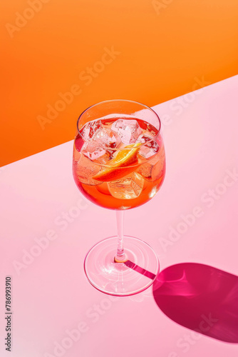 Aperol spritz cocktail in wine glass, pink background, product photography, bright and vibrant summer colors. Summer drinks idea. photo