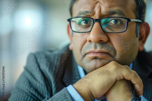 An Indian businessman deeply engrossed in a conversation during a formal meeting setting.