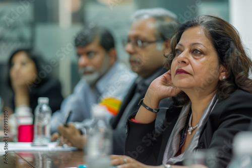 An Indian businesswoman actively participates in a meeting, listening intently to discussions.