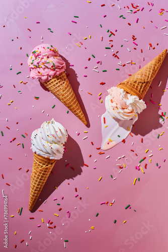 Three ice cream cones with different flavors melting on the light pink background, one upside down  sprinkles scattered around them, shadowplay. Summer aesthetic. photo