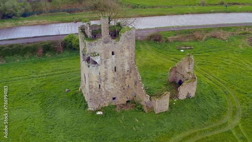 High angle orbit of Srah castle. Tullamore. extremely windy day photo