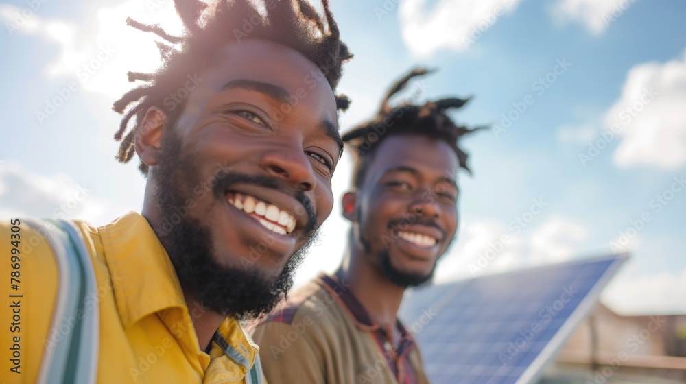 Two cheerful African American male solar power engineers installing solar panels on the rooftop of the passive house together wearing hardhats on sunny day Two cheerful African American male solar power engineers installing solar panels on the rooftop of the passive house together wearing hardhats on sunny day