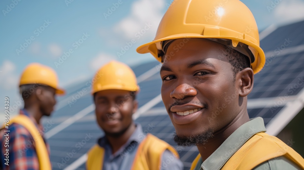 Two African American male solar power engineers installing solar panels on the rooftop of the passive house together wearing hardhats on sunny day Two African American male solar power engineers installing solar panels on the rooftop of the passive house together wearing hardhats on sunny day