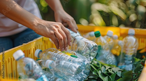 A close-up of hands placing plastic bottles into a recycling bin, illustrating the act of recycling