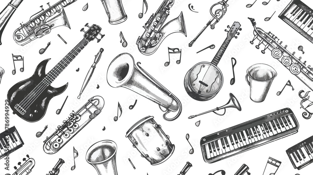 Hand drawn musical instruments. Graphic vector seamles