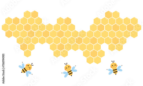 Beehive honey sign with hexagon grid cells and bee cartoons isolated on white background vector.