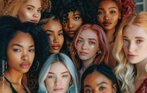 A group of women from different ethnicities, each with unique hair and skin tones, stand close together smiling at the camera © Kien