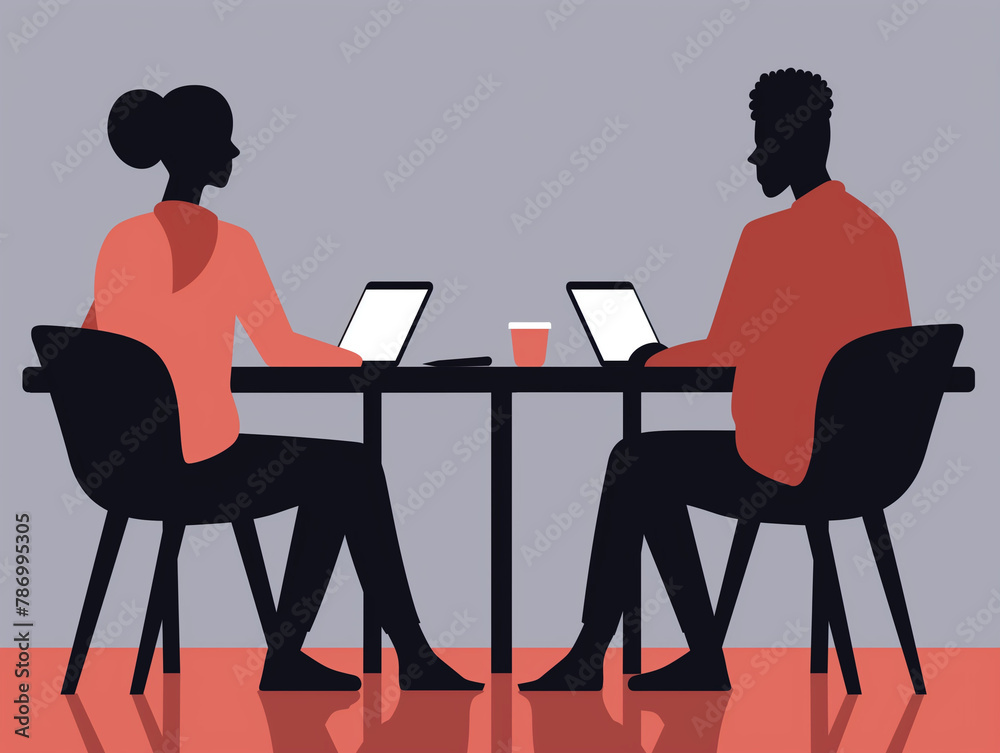 Two silhouetted figures facing each other at a desk with laptops, depicted in a stylized illustration. Two silhouetted figures facing each other at a desk with laptops, depicted in a stylized illustration.