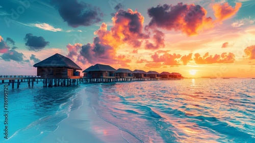 Sunset on Maldives island  luxury water villas resort and wooden pier. Beautiful sky and clouds and beach background for summer vacation holiday and travel concep