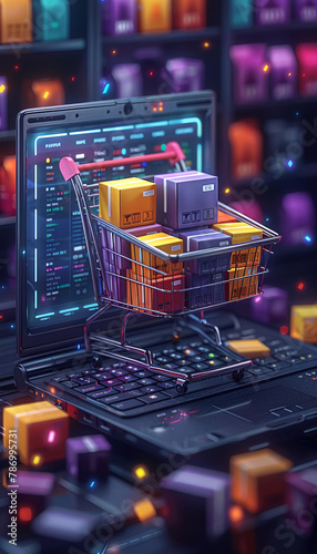 High-definition image capturing the essence of online shopping, featuring a laptop computer with a cart icon filled with boxes, symbolizing the digital marketplace,