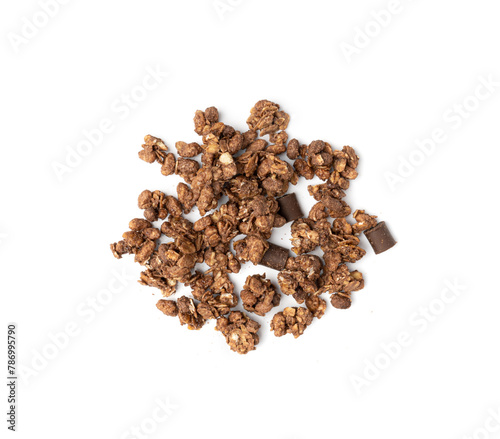 Chocolate Granola Pile Isolated, Cocoa Muesli Breakfast, Crunchy Cereals, Oatmeal Muesli © ange1011