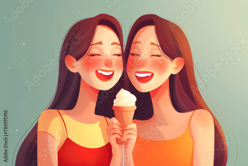 Illustration of twin girls sharing an ice cream cone, smiling with a turquoise background.