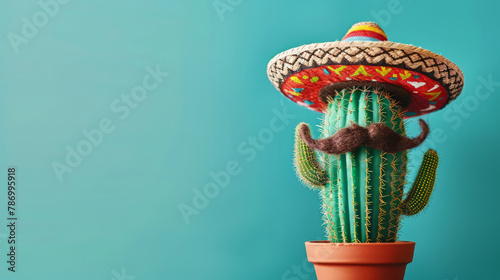 A Mexican cactus character wearing a traditional sombrero and mustache © ink drop