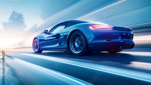 High-Speed Blue Streak: The Essence of Velocity. Concept Speeding locomotives, Powerful performance cars, Swirling roller coasters, Racing athletes photo