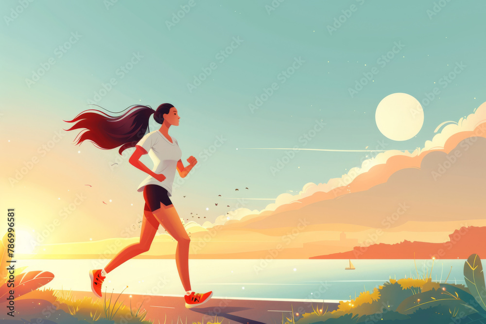 Illustration of a woman running by a scenic lake at sunset, with a tranquil and vibrant atmosphere.