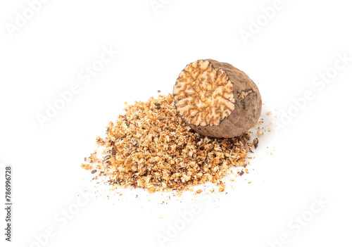 Nutmeg Isolated, Myristica Fragrans Fruit, Dry Spicy Nutmeg Powder, Grated Whole Muscat Nut, Nut Meg photo