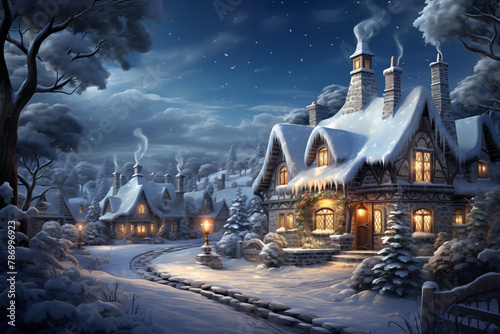 Beautiful festive Christmas scene including snow with Christmas lights.