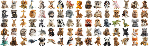 Big set of cute fluffy animal dolls for nursery and children toys, many animal plush dolls photo collection set, isolated background AIG44 © Summit Art Creations